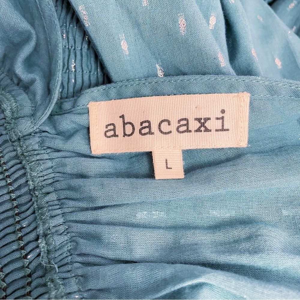 Abacaxi Eva Dress Teal Metallic Cotton Maxi Puff Sleeve Smocked Bodice Sz Large - Picture 14 of 16